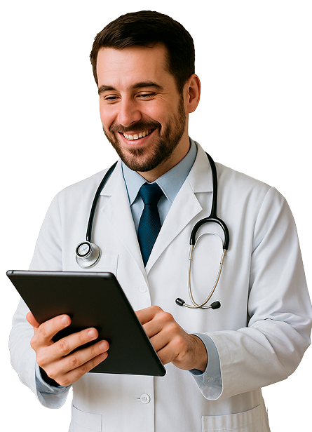 Médico feliz segurando um tablet